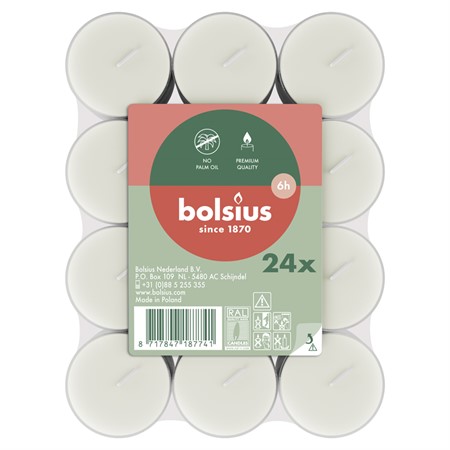 Bolsius värmeljus i 24-pack med en brinntid på ca 6h