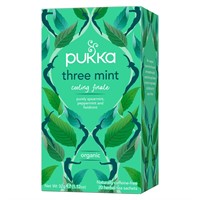 Pukka three mint te förpackning med beskrivning av smaker och certifieringar