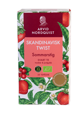 Svart te Arvid Nordquist med jordgubb & tranbär, synlig förpackning