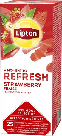 Svart te lipton med smak av jordgubb, synlig förpackning